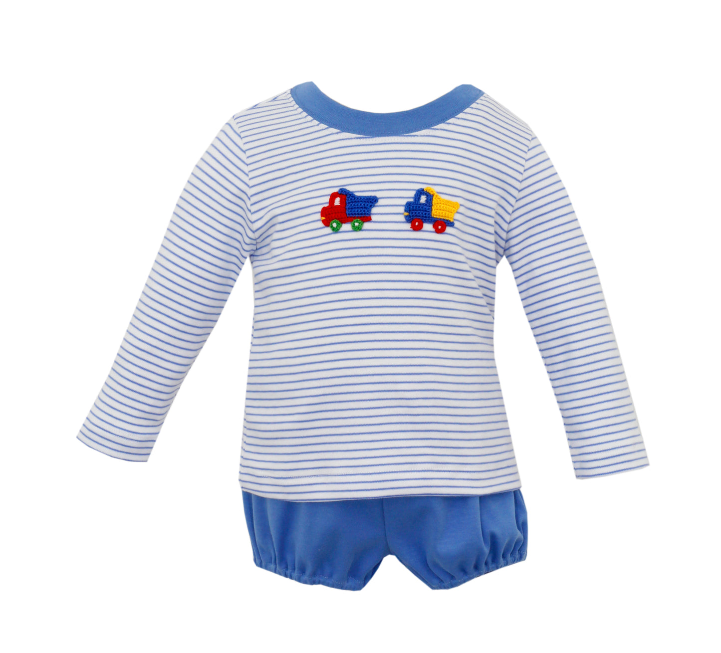 Dump Truck Boy's Diaper Set W / White Shirt L/S - Blue Stripe Knit