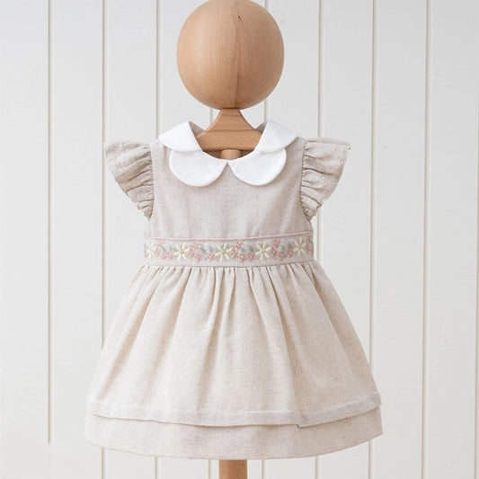Natural Ruffled Arm Linen Dress& Flower Design