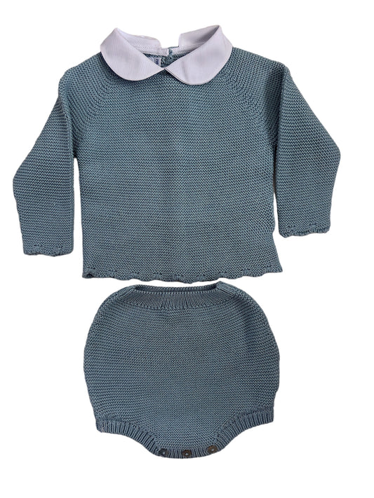 Jade Green Round Collar Garter Stitch Diaper Set