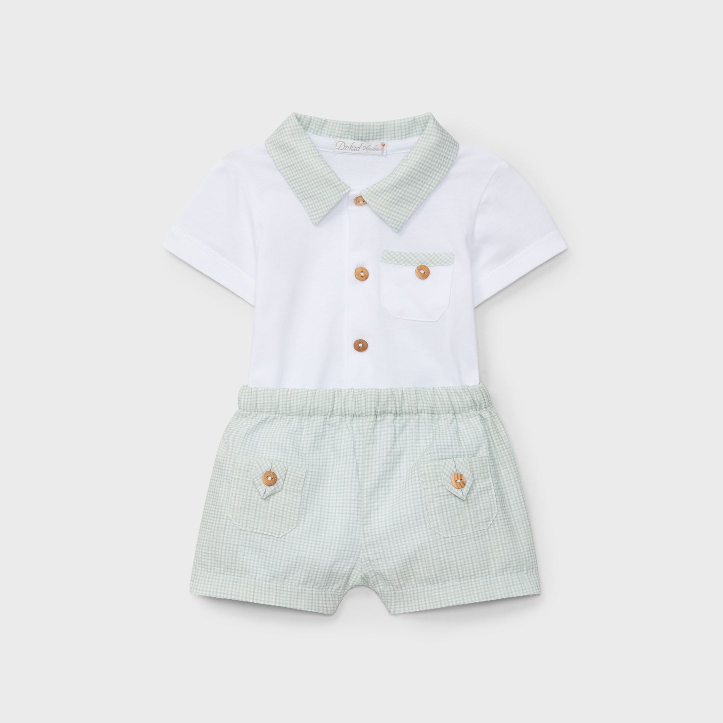 White & Green Gingham Shorts Set