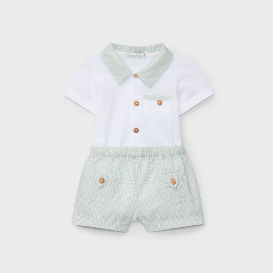 White & Green Gingham Shorts Set