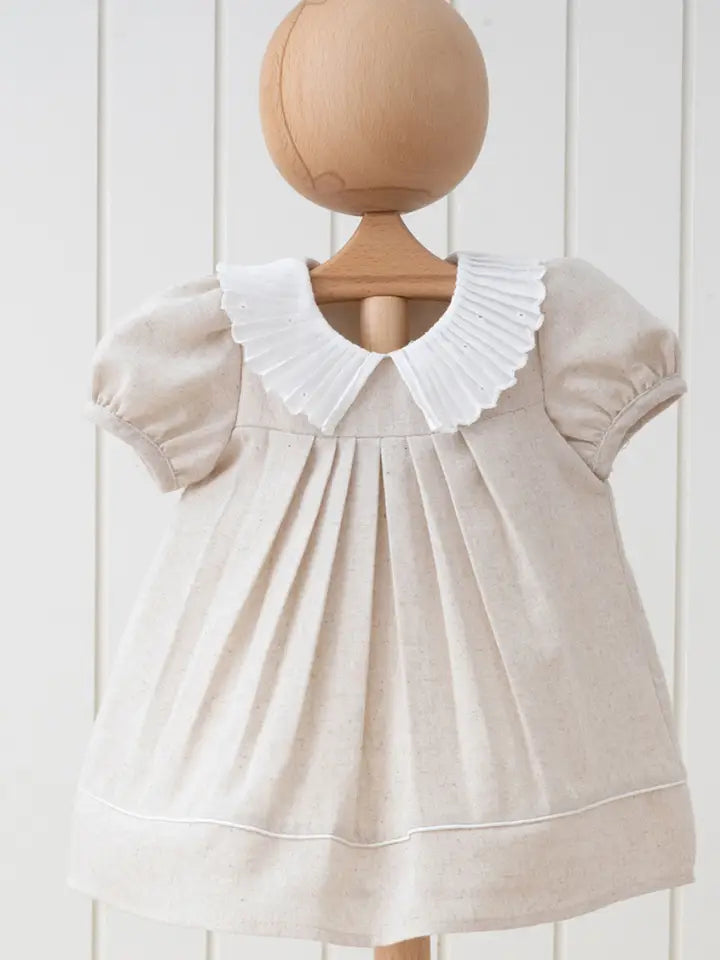 Girl Natural Half Puff Sleeve Linen Special Collar Dress