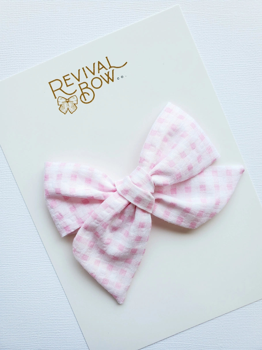 Large Pinwheel Bow Pink Gingham Plaid Summer Spring Kids Bow