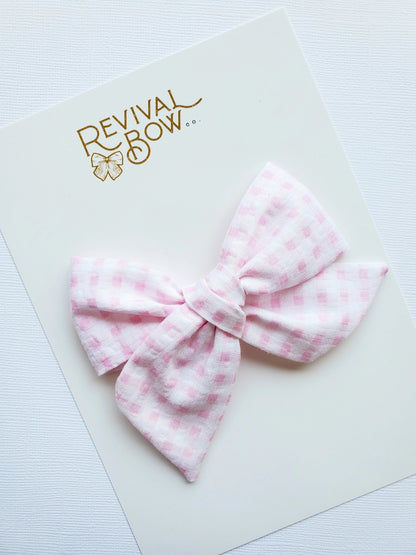 Large Pinwheel Bow Pink Gingham Plaid Summer Spring Kids Bow