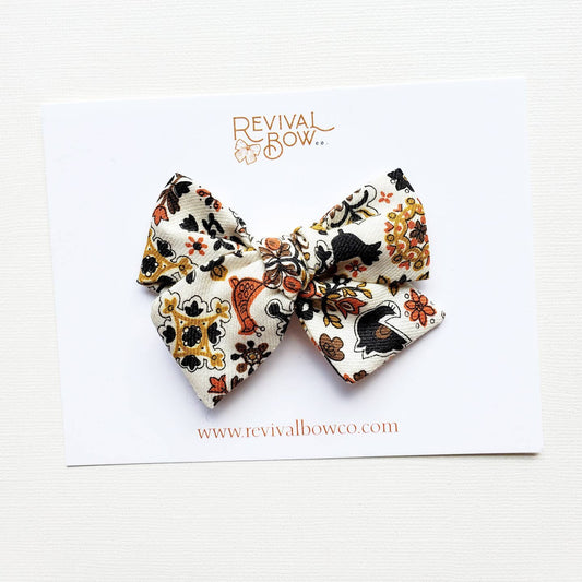 Fall Folk Art Small Fabric Hair Bow on Clip