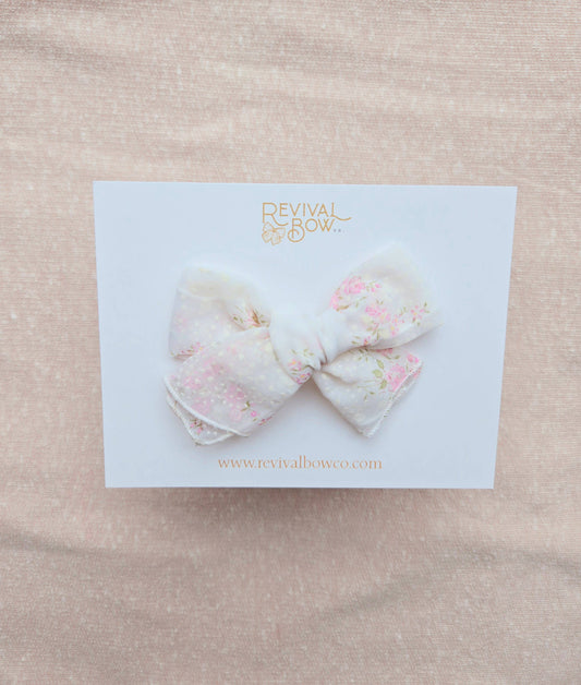 Pink Floral Vintage Handkerchief Hair Bow on Clip