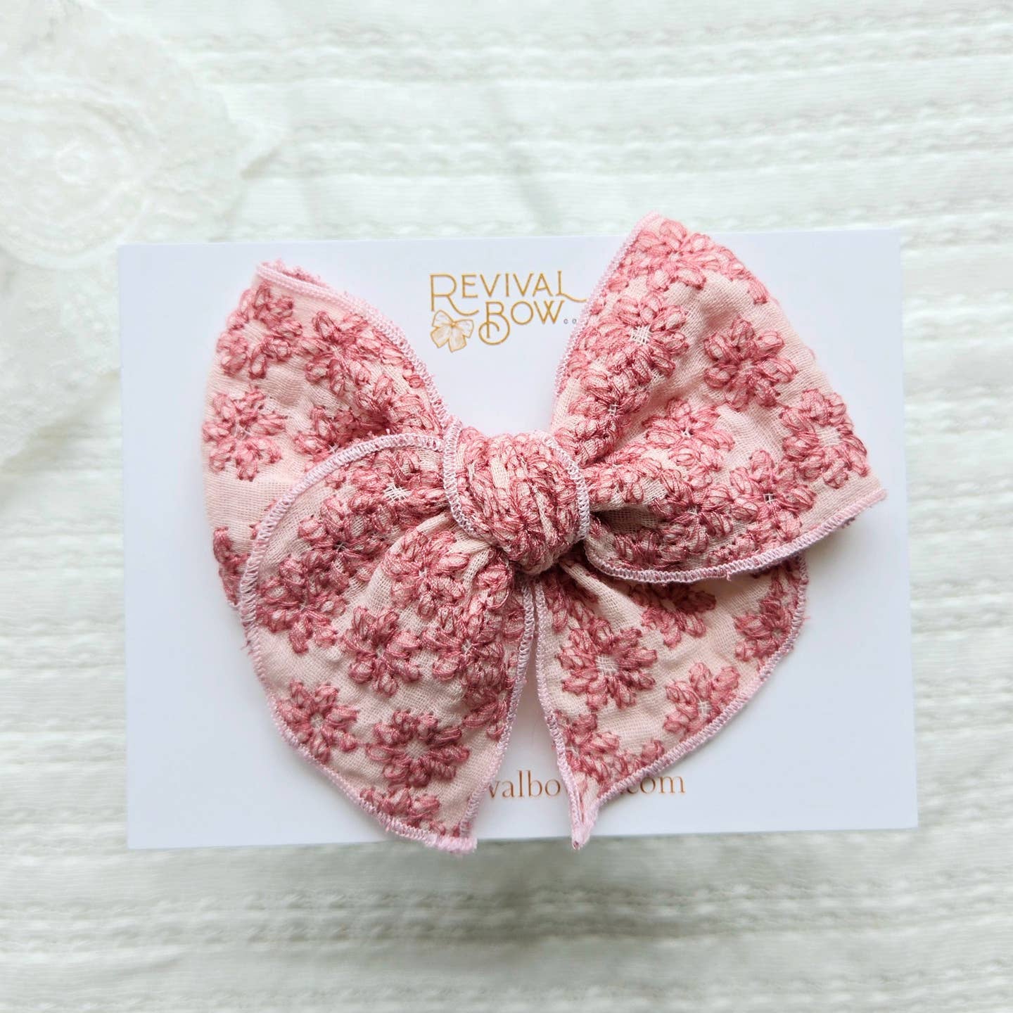 Embroidered Pink Floral Fable Hair Bow on Clip