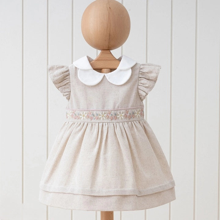 Natural Ruffled Arm Linen Dress& Flower Design