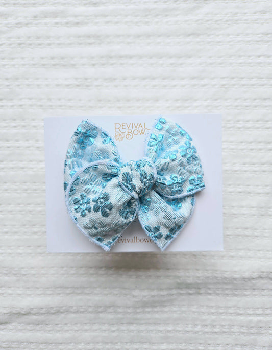 Fable Bow on Clip • Metallic Blue Floral Jacquard