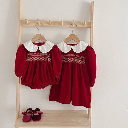 Holiday Doll Neck Red Long Sleeve Sister Matching Dress