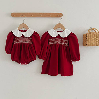 Holiday Doll Neck Red Long Sleeve Sister Matching Dress