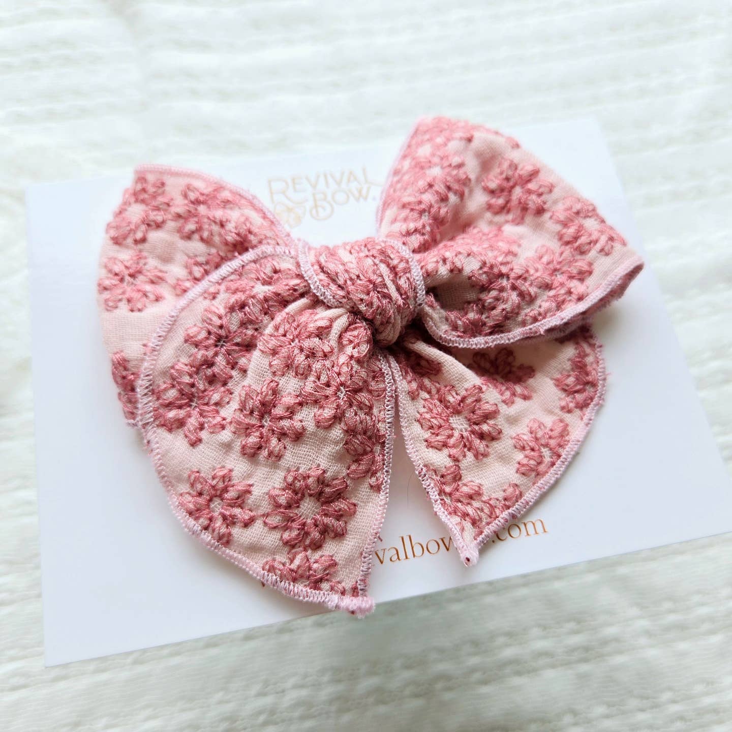 Embroidered Pink Floral Fable Hair Bow on Clip