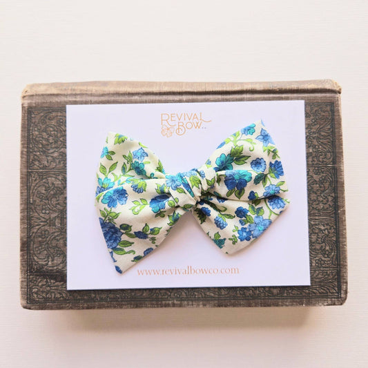 Blue Floral Pinwheel Hair Bow on Clip